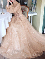 A Line Glittering Elegant Engagement Prom Dresses High Neck Long Sleeve Floor Length Tulle With Sequin