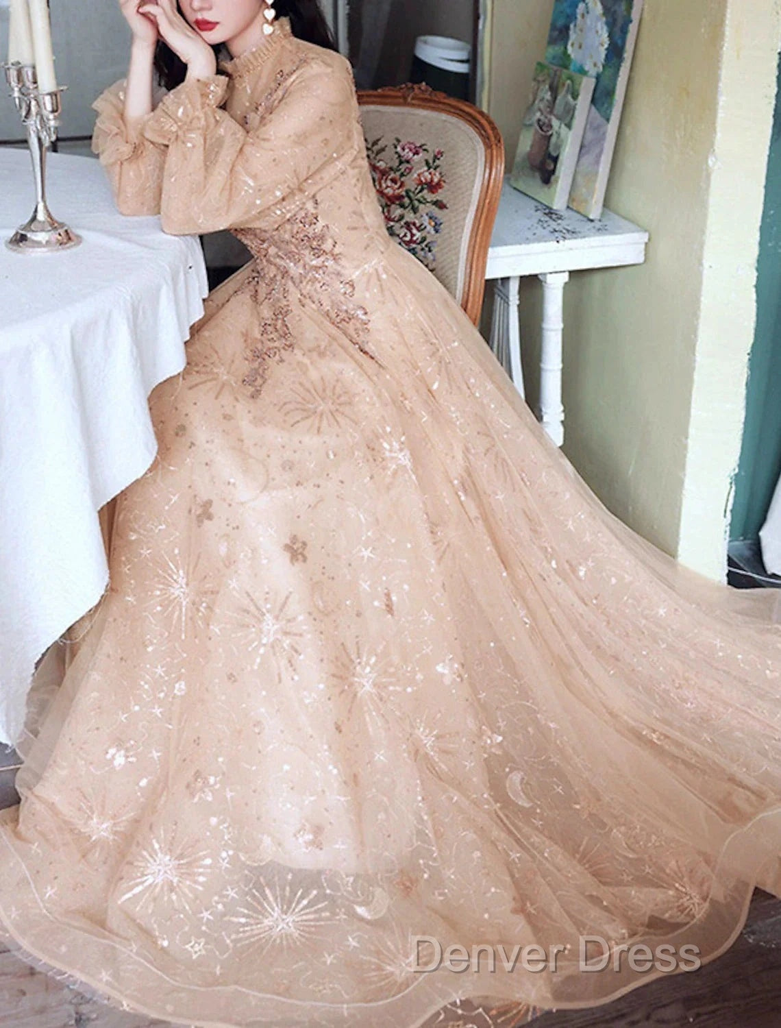 A Line Glittering Elegant Engagement Prom Dresses High Neck Long Sleeve Floor Length Tulle With Sequin