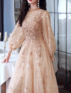 A-Line Glittering Elegant Engagement Formal Evening Dresses High Neck Long Sleeve Floor Length Tulle With Sequin