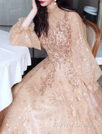 A Line Glittering Elegant Engagement Prom Dresses High Neck Long Sleeve Floor Length Tulle With Sequin