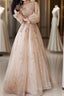 A-Line Glittering Elegant Engagement Formal Evening Dresses High Neck Long Sleeve Floor Length Tulle With Sequin