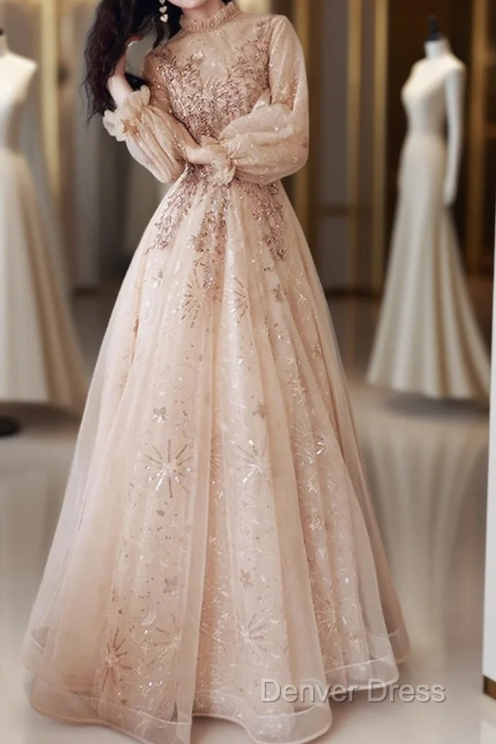 A Line Glittering Elegant Engagement Prom Dresses High Neck Long Sleeve Floor Length Tulle With Sequin