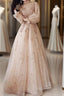 A Line Glittering Elegant Engagement Prom Dresses High Neck Long Sleeve Floor Length Tulle With Sequin