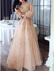 A-Line Glittering Elegant Engagement Formal Evening Dress High Neck Long Sleeve Floor Length Tulle With Sequin