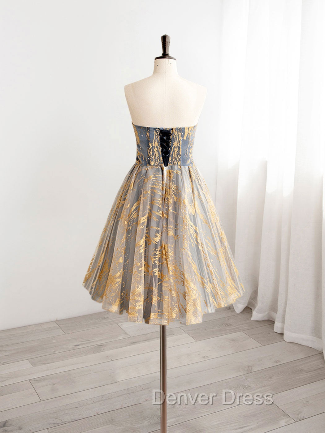 A-Line Gold/Blue Lace  Short Prom Dresses, Cute Homecoming Dresses with Beading Secondary image