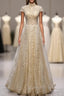 A-Line Gold Sequins High Neck Cap Sleeve Prom Dresses