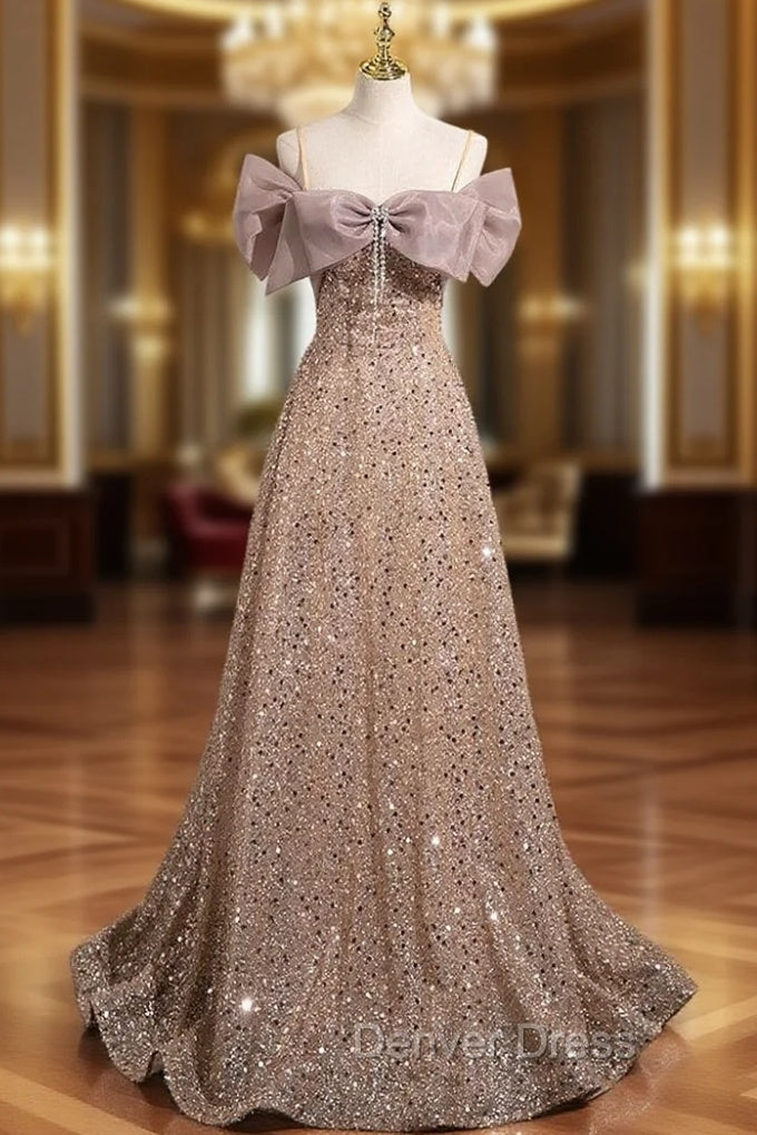 A-Line Gold Sequins Spaghetti Straps Bow Prom Dresses Main image