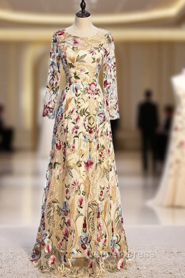 A-Line Gold Tulle Embroidery Long Sleeve Prom Dresses Main image