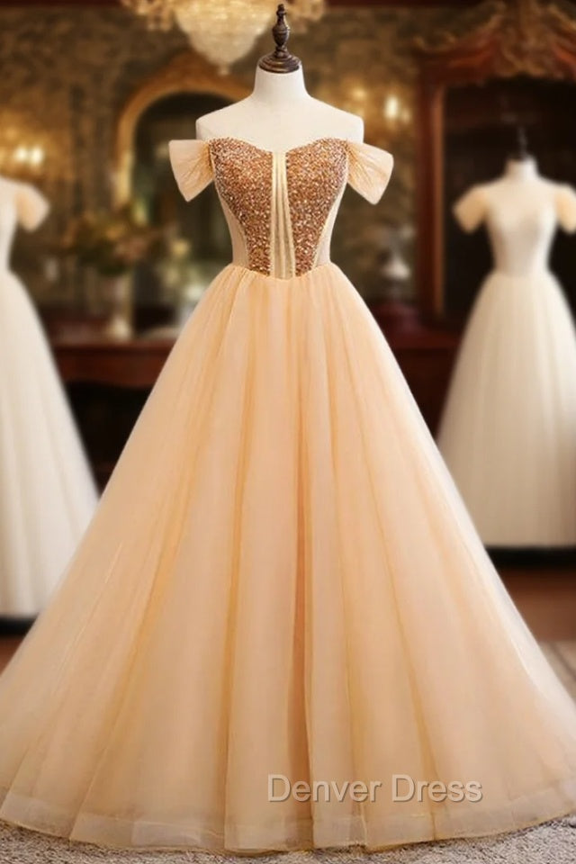 A-Line Gold Tulle Off the Shoulder Beading Prom Dresses Main image