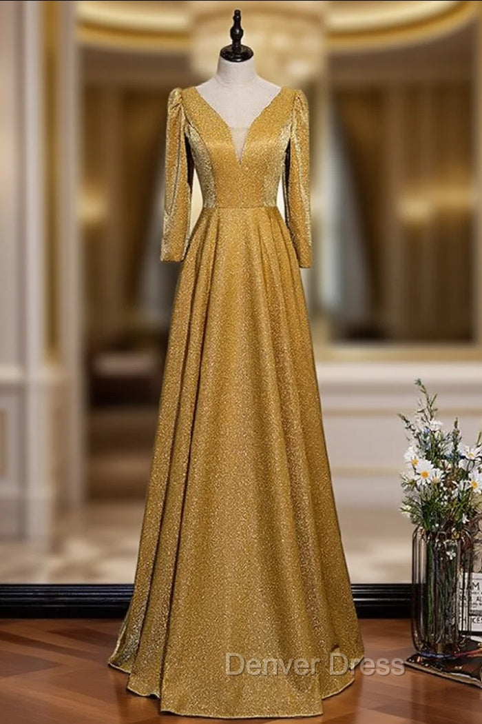 A-Line Gold V-neck Long Sleeve Prom Dresses Main image