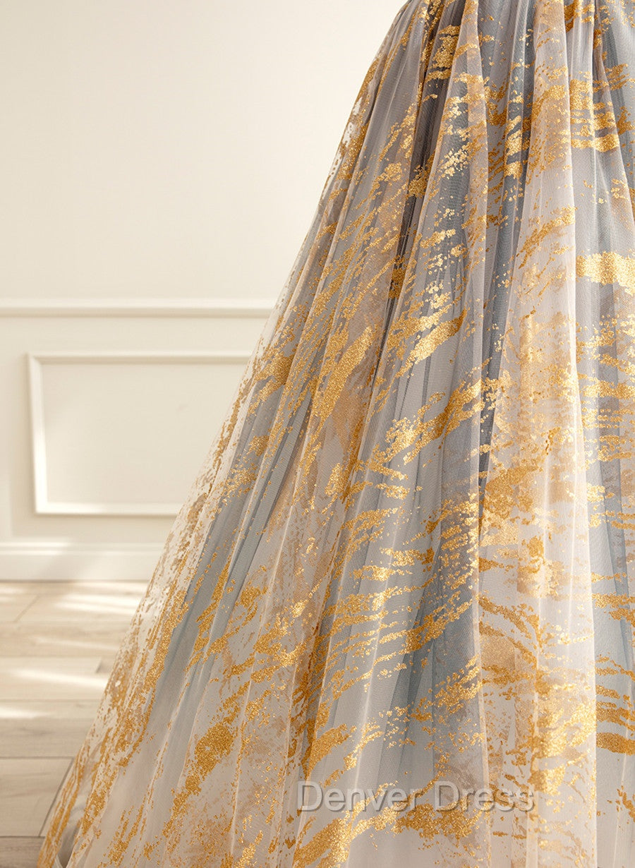 A-line Gradient Tulle Long Party Dresses, Floor Length Prom Dresses