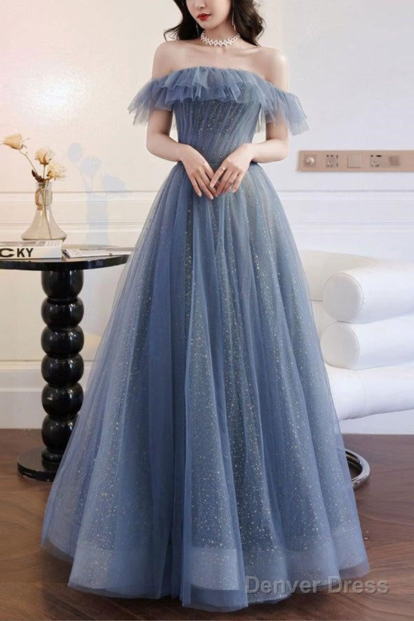 A-Line Gray Blue Off The Shoulder Long Prom Dress Sparkly Evening Dress Main image