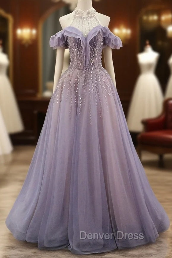 A-line Gray Blue Tulle Beading Prom Dresses Main image