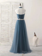 A Line Gray Blue Tulle Long Bridesmaid Dress Floor Length Beading Prom Dresses Elegant