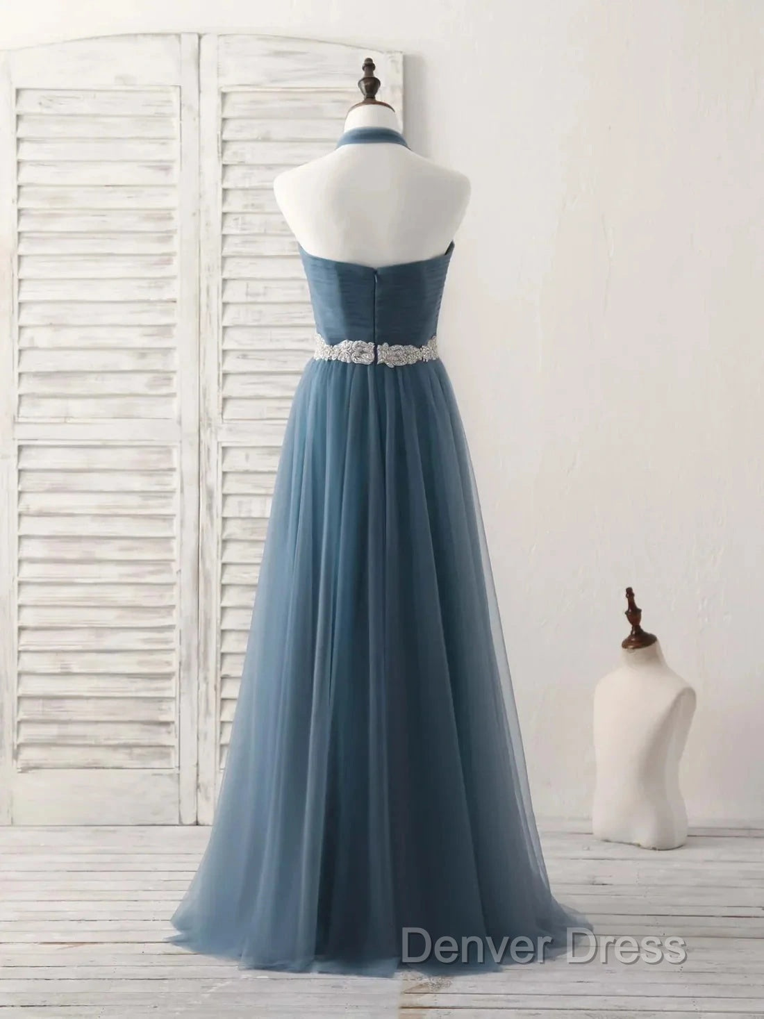A Line Gray Blue Tulle Long Bridesmaid Dress Floor Length Beading Prom Dresses Elegant