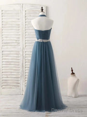 A-Line Gray Blue Tulle Long Bridesmaid Dress Floor-Length Beading Prom Dress Elegant