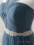A Line Gray Blue Tulle Long Bridesmaid Dress Floor Length Beading Prom Dresses Elegant