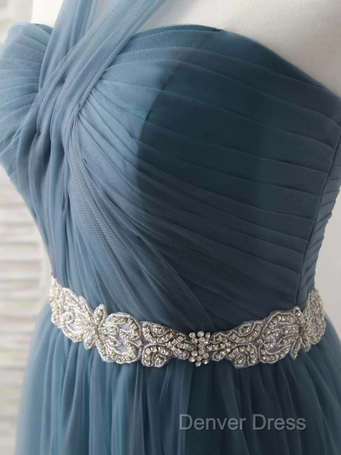 A Line Gray Blue Tulle Long Bridesmaid Dress Floor Length Beading Prom Dresses Elegant