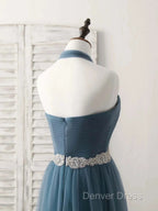 A Line Gray Blue Tulle Long Bridesmaid Dress Floor Length Beading Prom Dresses Elegant