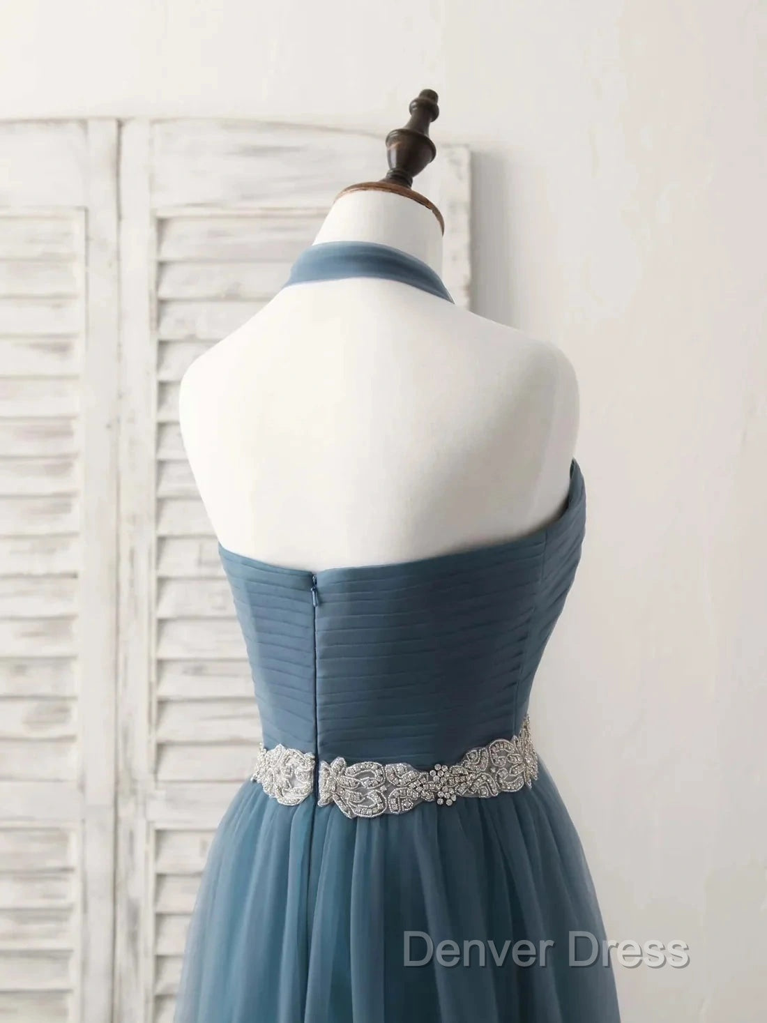 A Line Gray Blue Tulle Long Bridesmaid Dress Floor Length Beading Prom Dresses Elegant