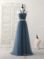 A Line Gray Blue Tulle Long Bridesmaid Dress Floor Length Beading Prom Dresses Elegant