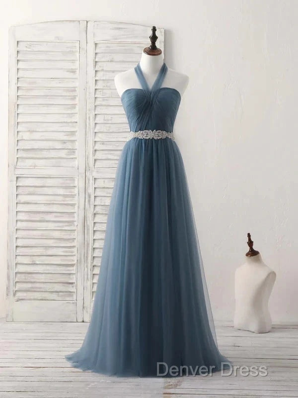 A Line Gray Blue Tulle Long Bridesmaid Dress Floor Length Beading Prom Dresses Elegant