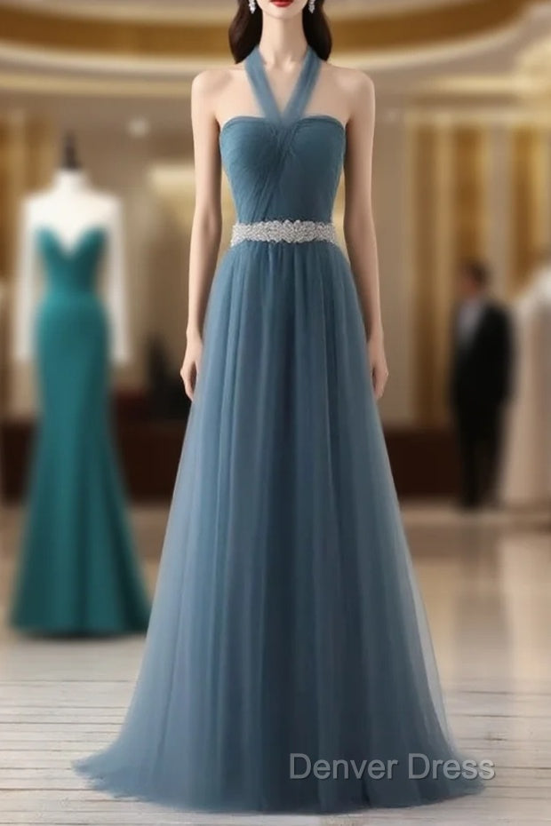A Line Gray Blue Tulle Long Bridesmaid Dress Floor Length Beading Prom Dresses Elegant