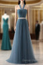 A Line Gray Blue Tulle Long Bridesmaid Dress Floor Length Beading Prom Dresses Elegant