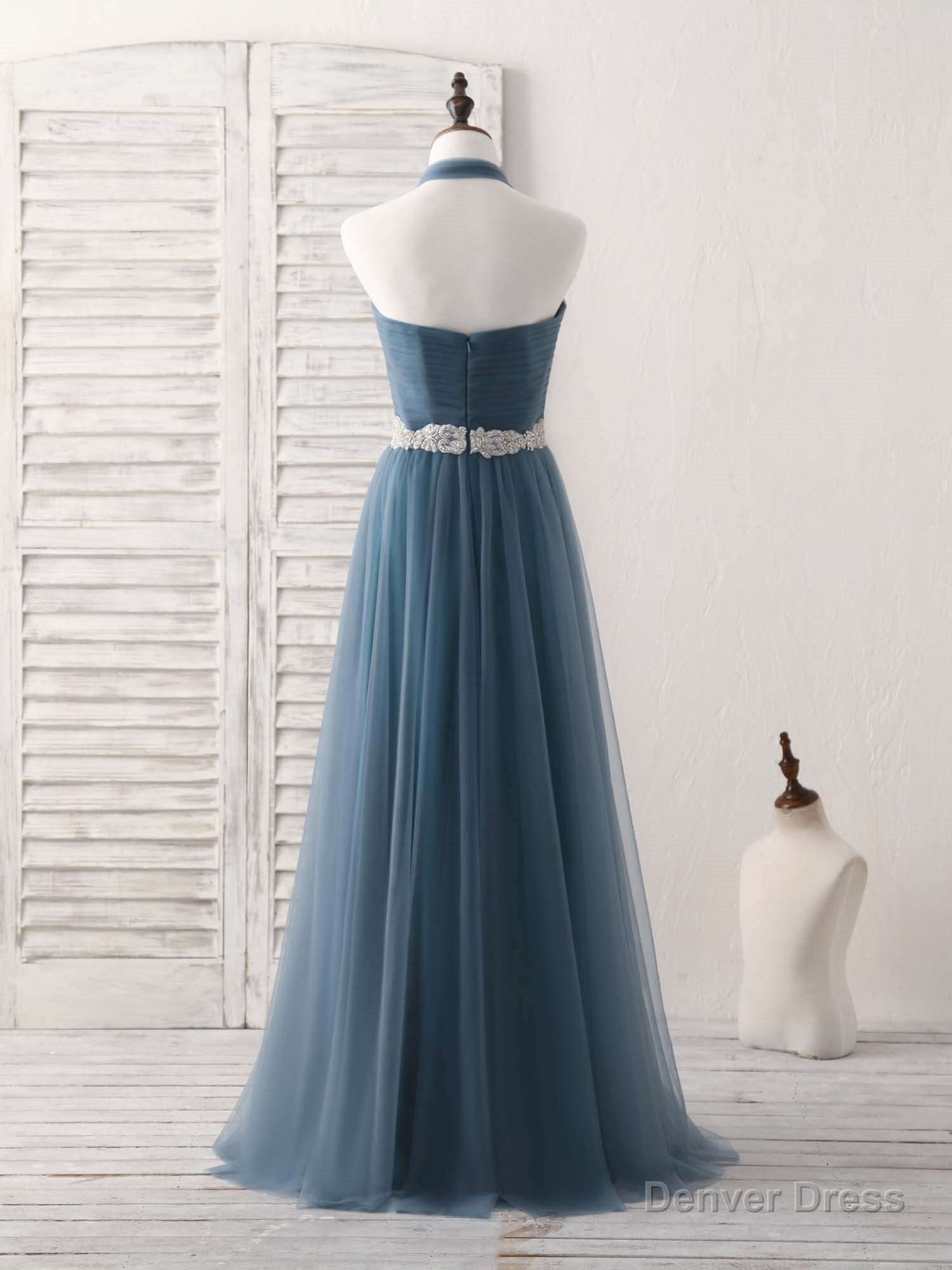 A Line Gray Blue Tulle Long Bridesmaid Dress Gray Blue Prom Dresses Secondary image