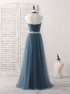 A Line Gray Blue Tulle Long Bridesmaid Dress Gray Blue Prom Dresses