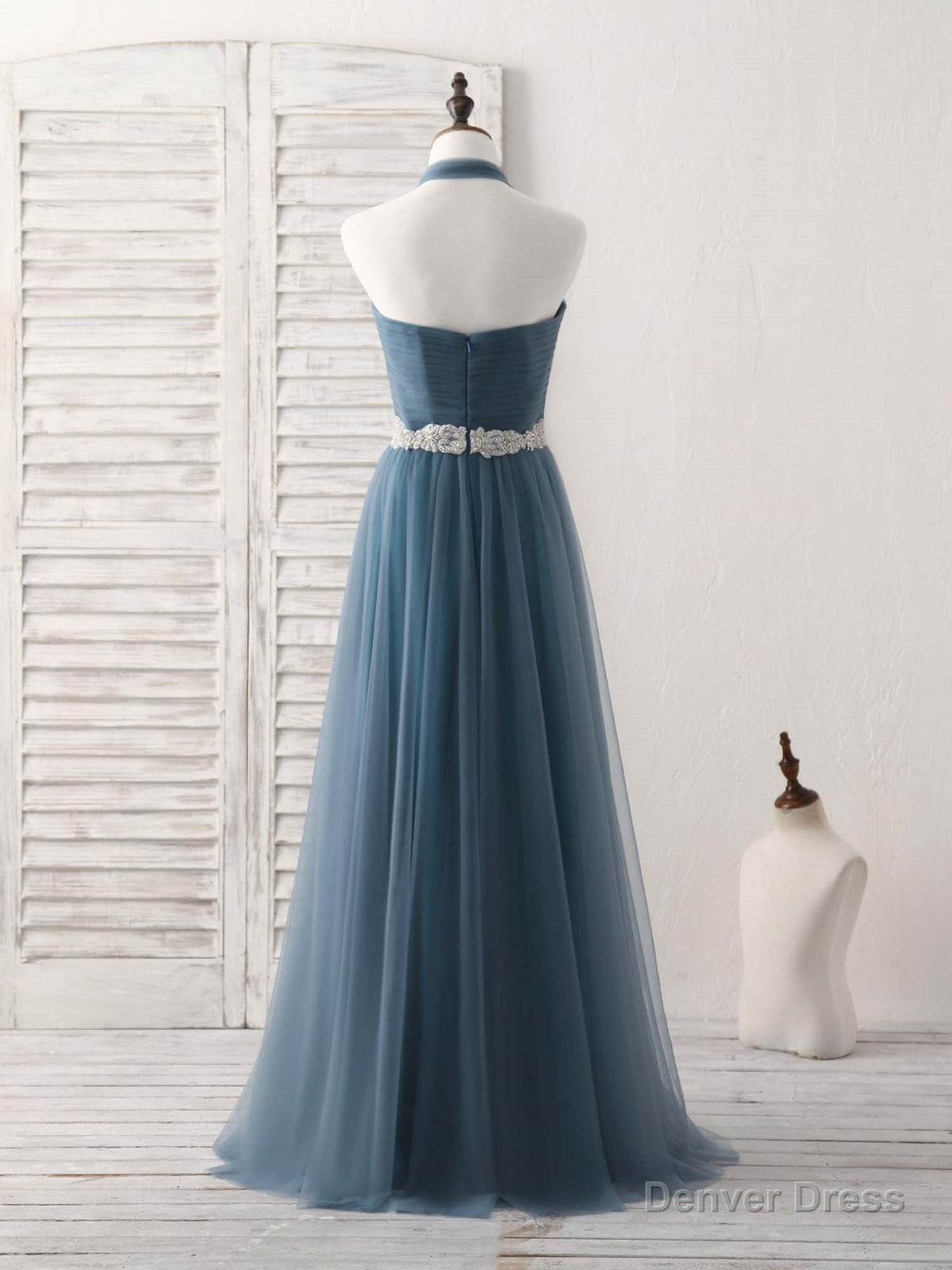A Line Gray Blue Tulle Long Bridesmaid Dress Gray Blue Prom Dresses