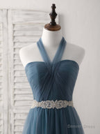 A Line Gray Blue Tulle Long Bridesmaid Dress Gray Blue Prom Dresses