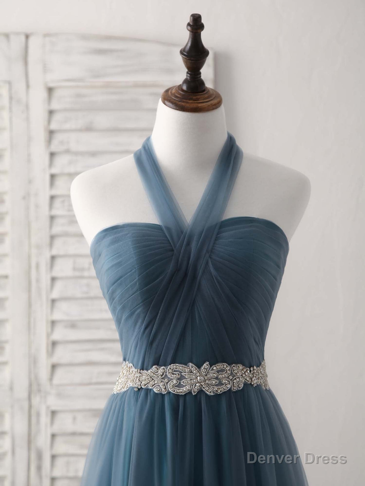 A Line Gray Blue Tulle Long Bridesmaid Dress Gray Blue Prom Dresses