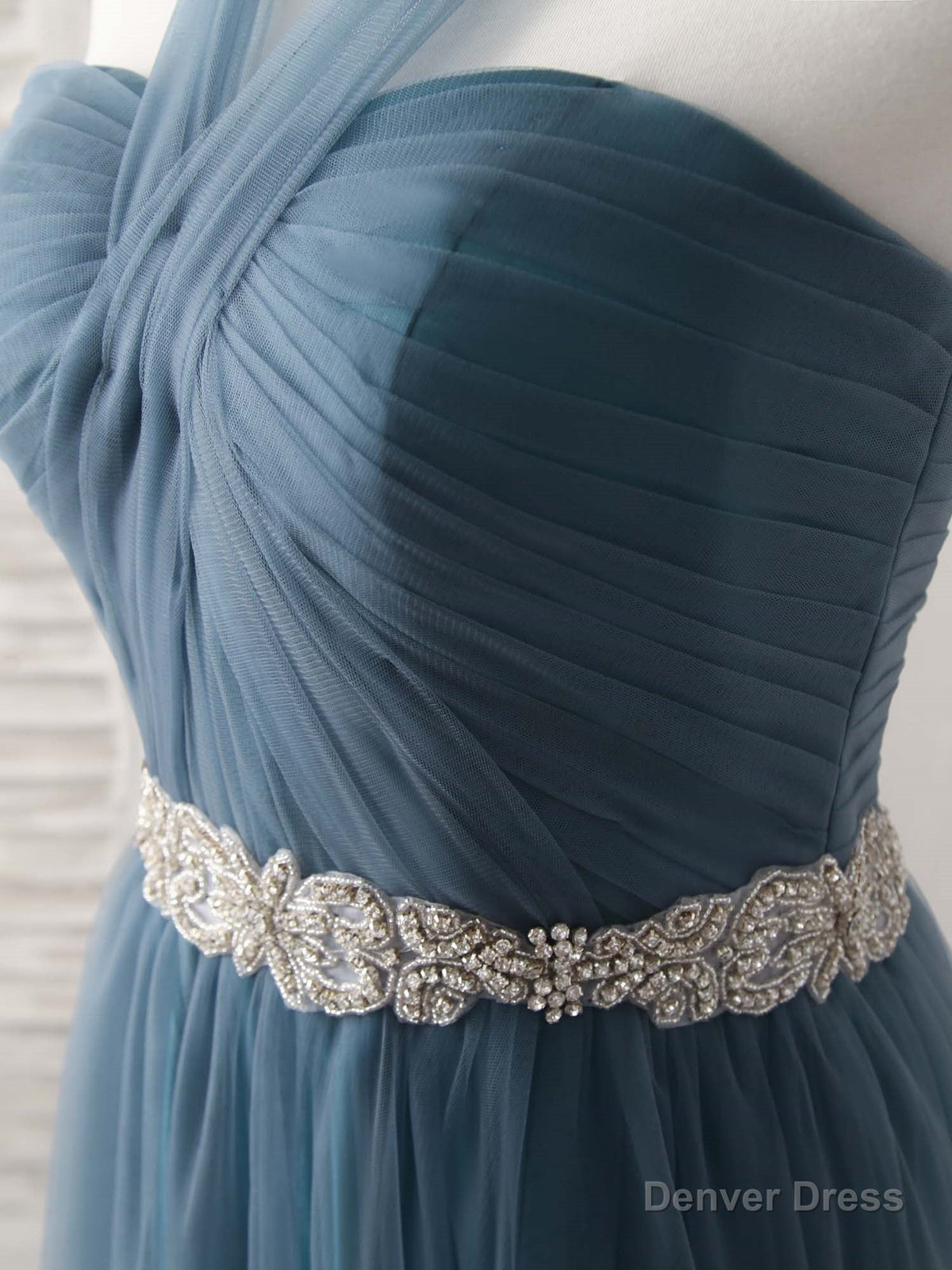 A Line Gray Blue Tulle Long Bridesmaid Dress Gray Blue Prom Dresses