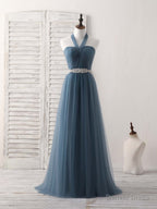 A Line Gray Blue Tulle Long Bridesmaid Dress Gray Blue Prom Dresses