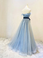 A Line Gray Blue Tulle Long Prom Dress, Gray Blue Long Prom Dresses