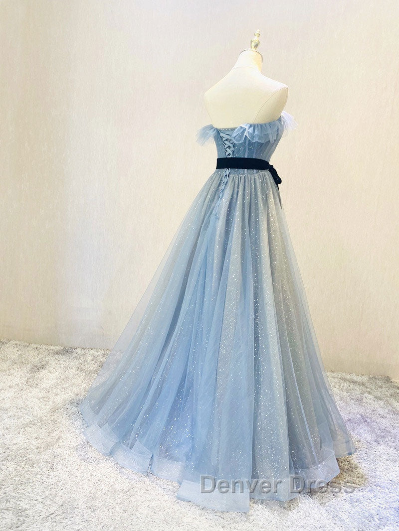 A Line Gray Blue Tulle Long Prom Dress, Gray Blue Long Prom Dresses