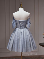 A-Line Gray Blue Tulle Short Prom Dresses. Cute Gray Blue Homecoming Dresses