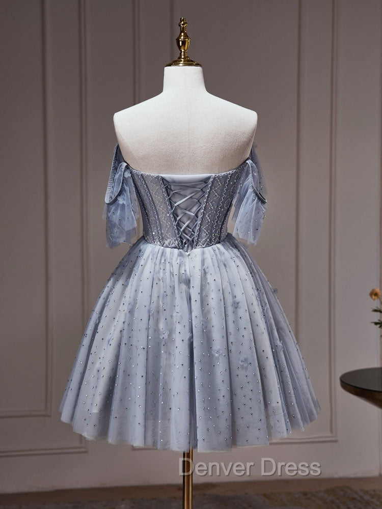 A-Line Gray Blue Tulle Short Prom Dresses. Cute Gray Blue Homecoming Dresses