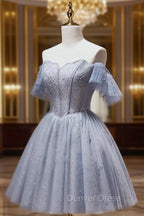 A-Line Gray Blue Tulle Short Prom Dresses. Cute Gray Blue Homecoming Dresses