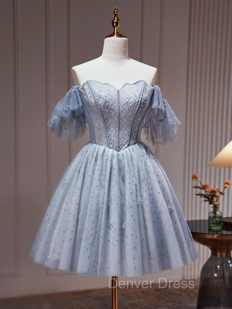 A-Line Gray Blue Tulle Short Prom Dresses. Cute Gray Blue Homecoming Dresses Secondary image