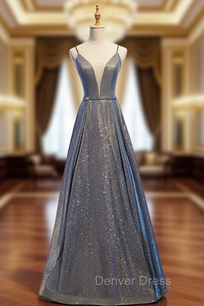 A-Line Gray Deep V-neck Sleeveless Long Prom Dresses
