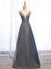 A-Line Gray Deep V-neck Sleeveless Long Prom Dress