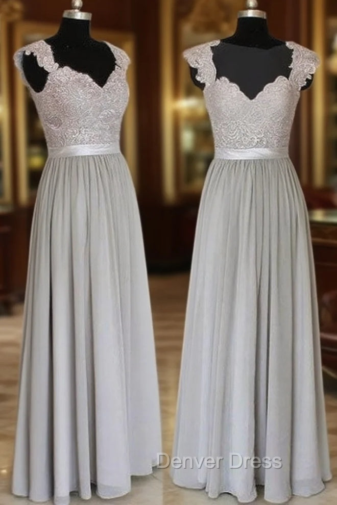 A-Line Gray Long Prom Dresses, Gray Lace Bridesmaid Dresses Main image