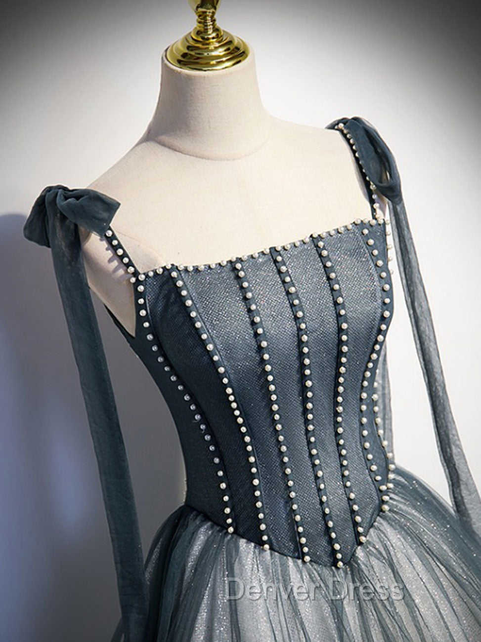 A Line Gray Long Prom Dresses, Tulle Gray Formal Graduation Dresses with Beading Secondary image