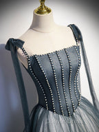 A Line Gray Long Prom Dresses, Tulle Gray Formal Graduation Dresses with Beading