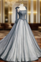 A Line Gray Long Prom Dresses, Tulle Gray Formal Graduation Dresses with Beading
