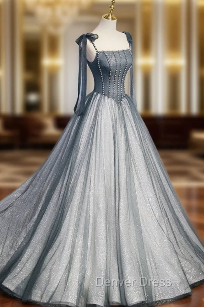 A Line Gray Long Prom Dresses, Tulle Gray Formal Graduation Dresses with Beading