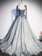 A Line Gray Long Prom Dresses, Tulle Gray Formal Graduation Dresses with Beading