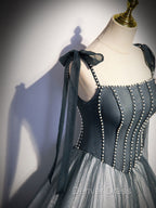 A Line Gray Long Prom Dresses, Tulle Gray Formal Graduation Dresses with Beading